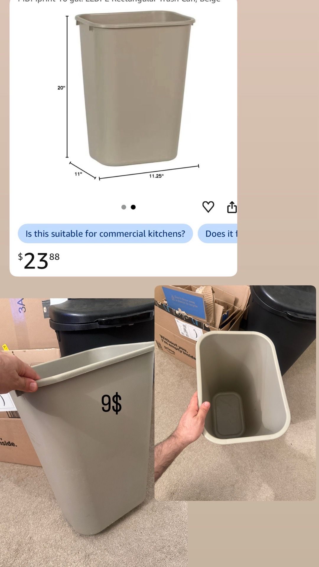 Wastebasket/Trash Can, 10.25-Gallon, Beige, Plastic - photo 2
