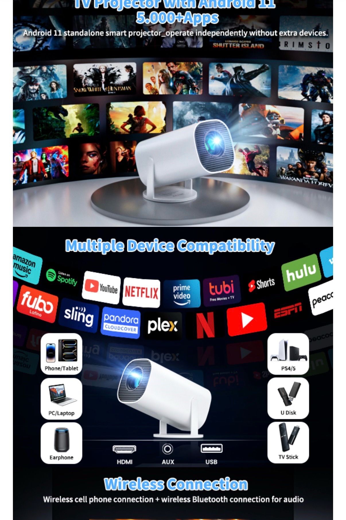 Portable Outdoor Movie Projector 4K/8K Android WiFi Bluetooth - photo 3