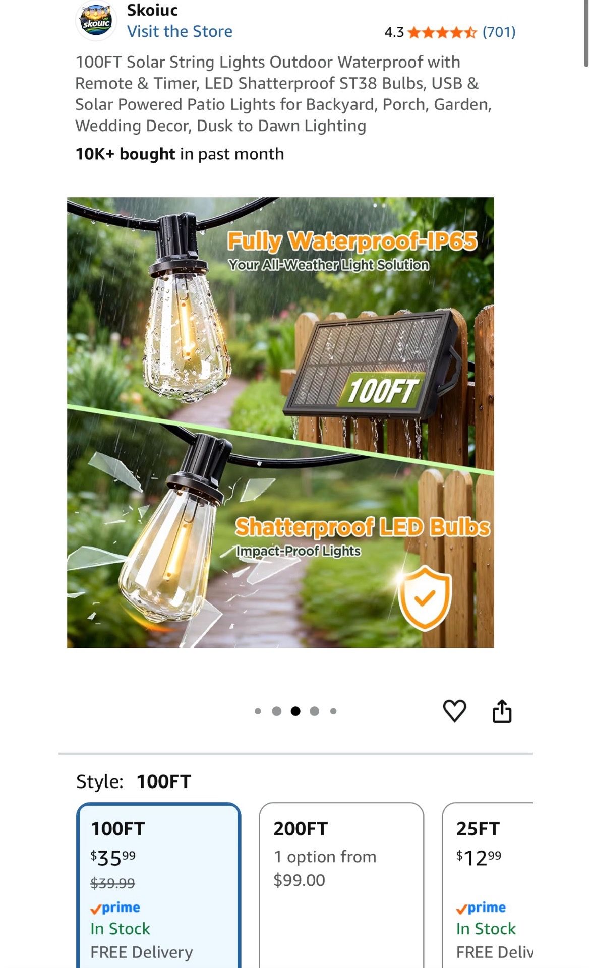 100FT Solar G40 Shatterproof LED Patio Lights - photo 3