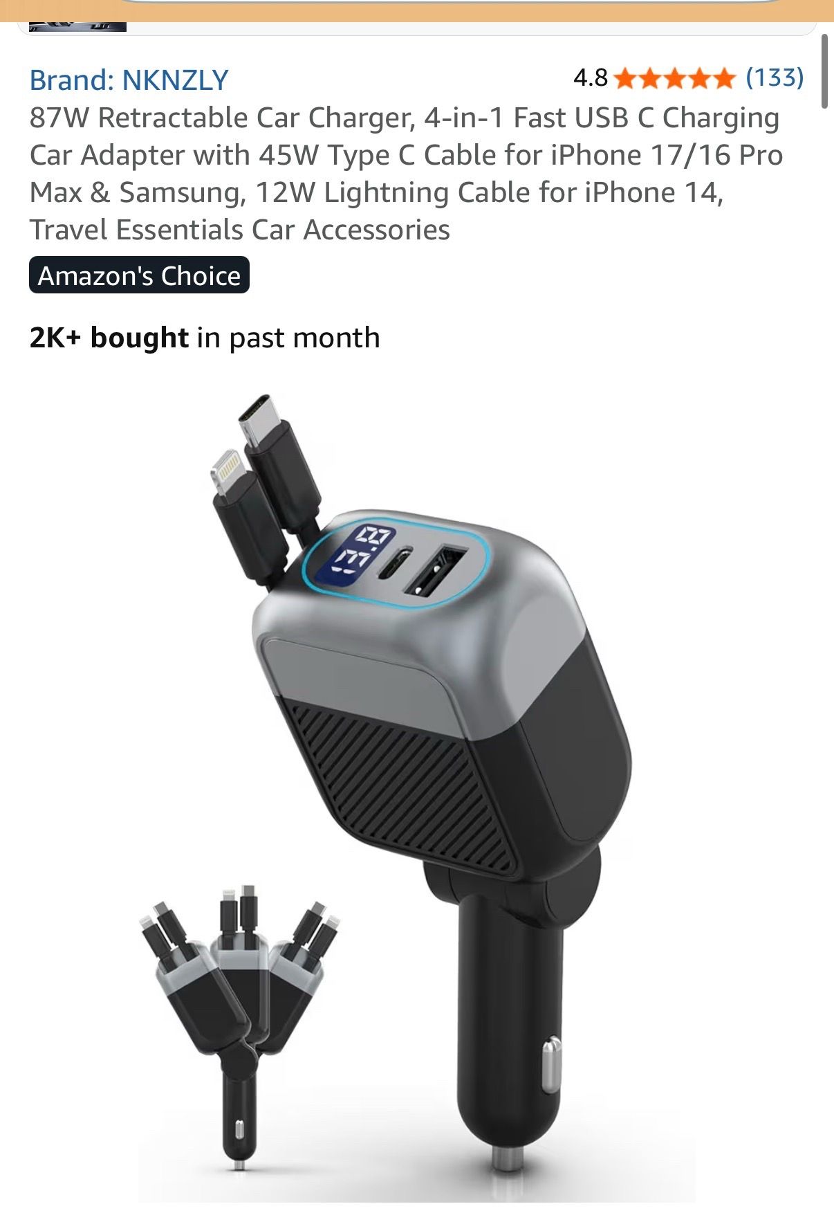 87W Retractable 4-in-1 Fast USB C Car Charger Adapter - photo 4