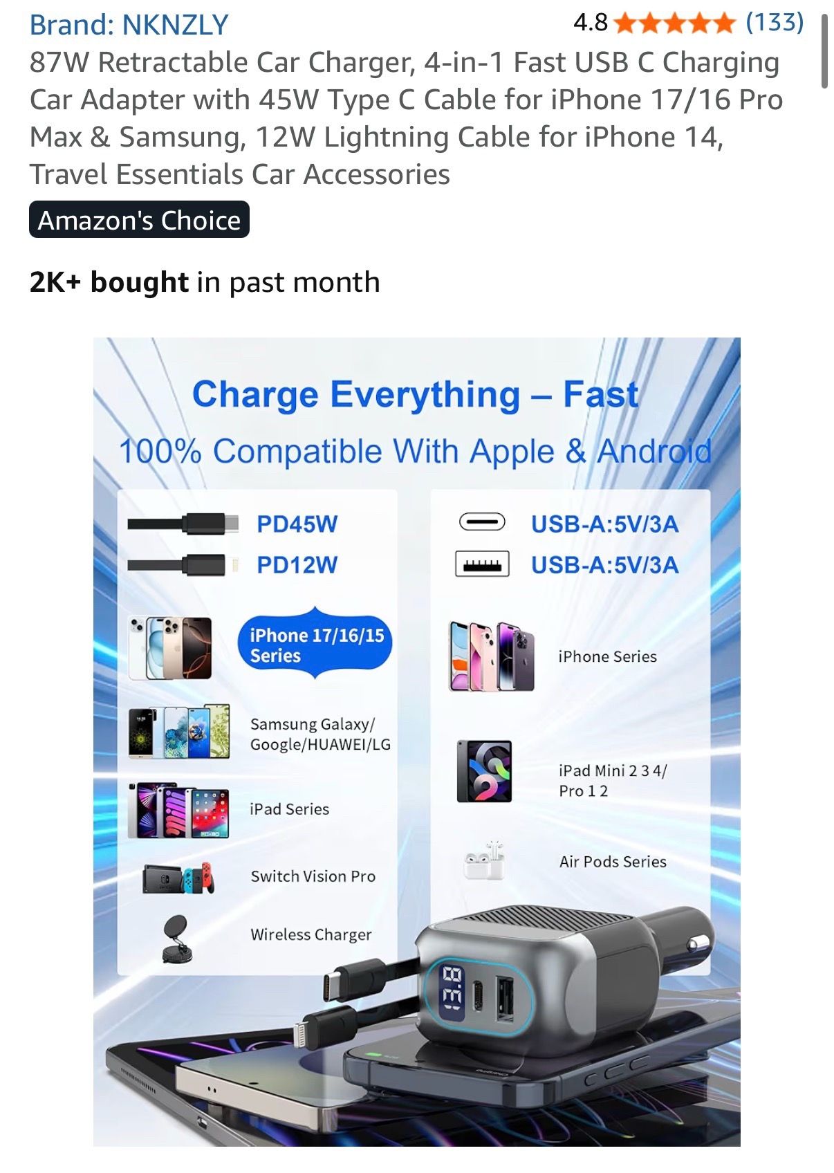 87W Retractable 4-in-1 Fast USB C Car Charger Adapter - photo 5