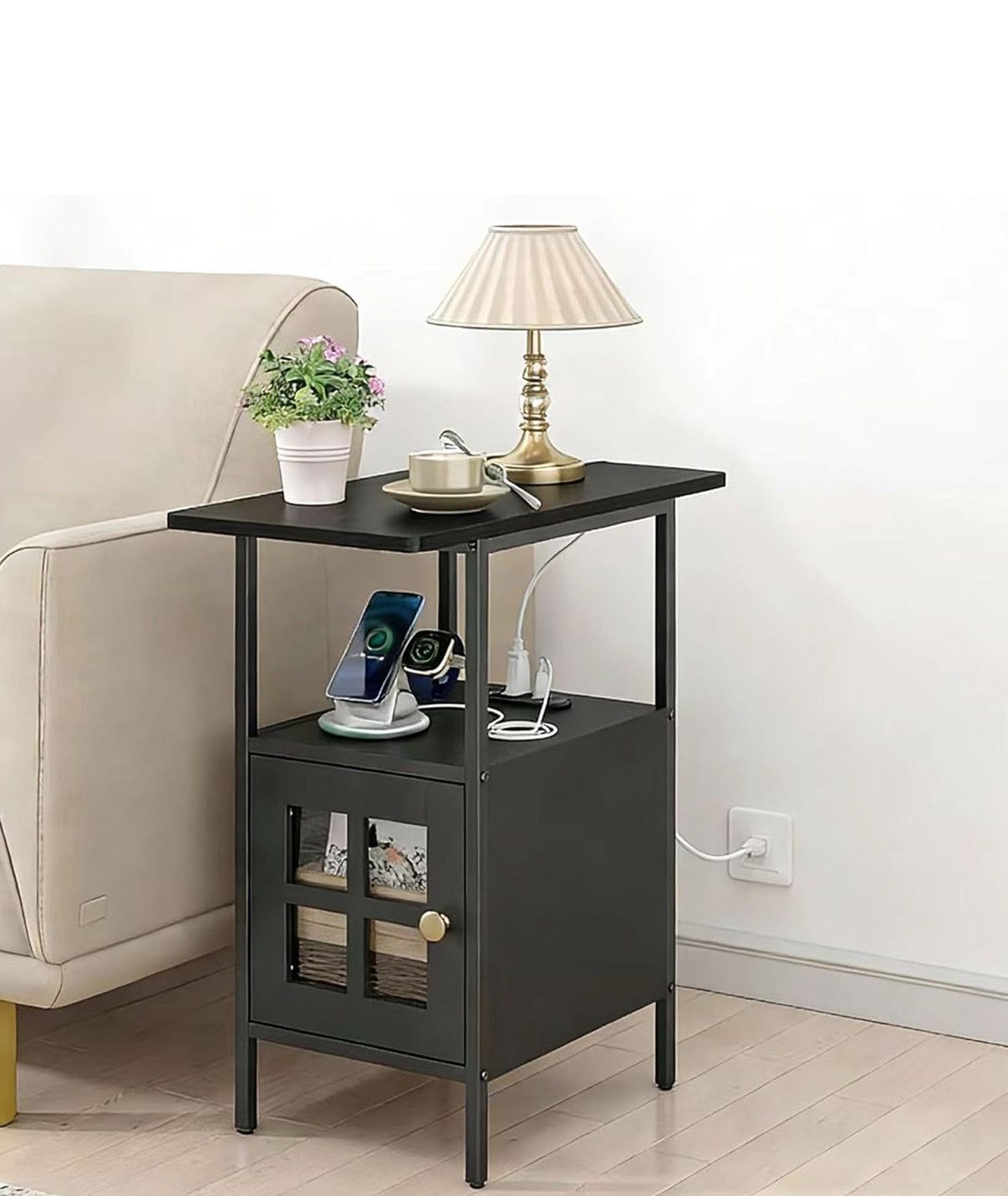 Narrow Side Table with Charging Station - 3-Tier End Table
