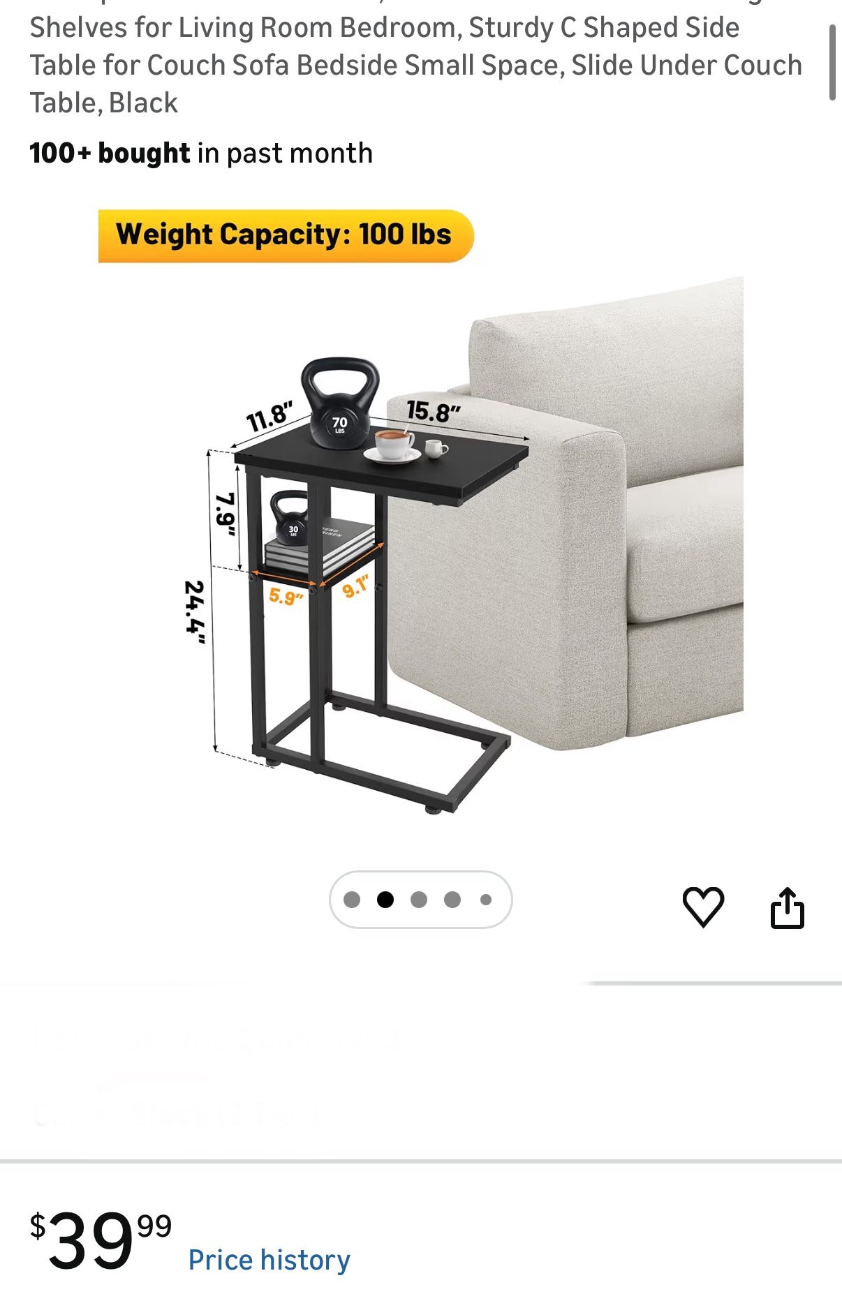 C-Shaped Side Table with Storage Shelf - Black - photo 4