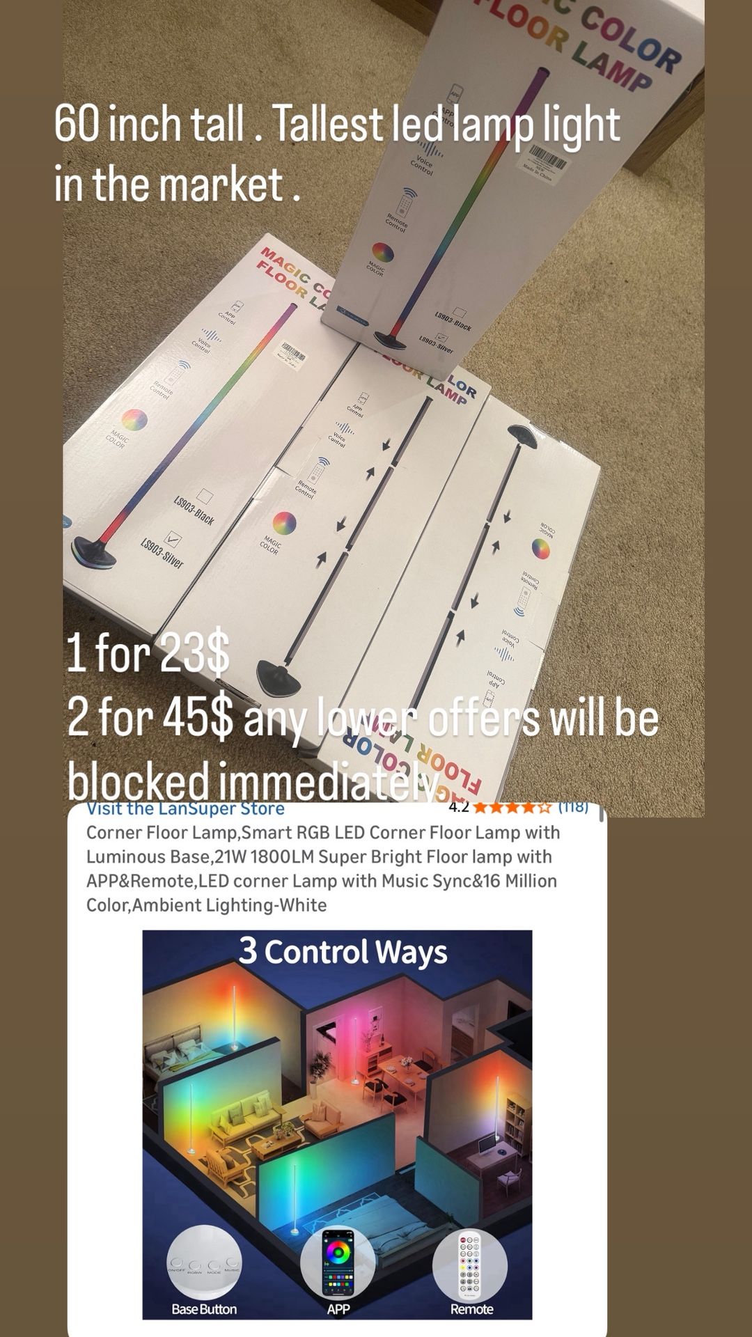 Smart RGB LED Corner Floor Lamp with APP & Remote - photo 2