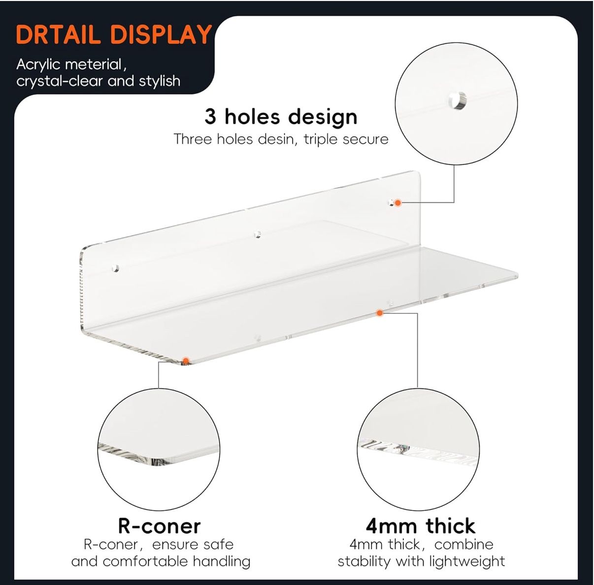 4-Pack Clear Acrylic Floating Shelves, 12" Invisible Wall - photo 2