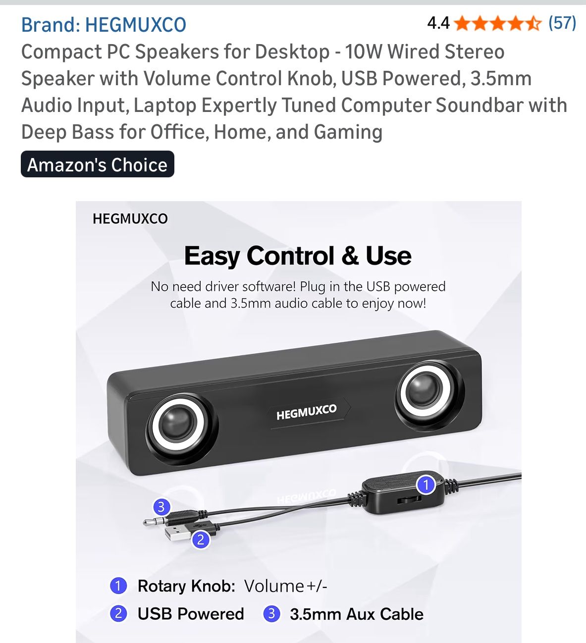 Compact PC Speakers - 10W Wired Stereo, USB Powered - photo 3