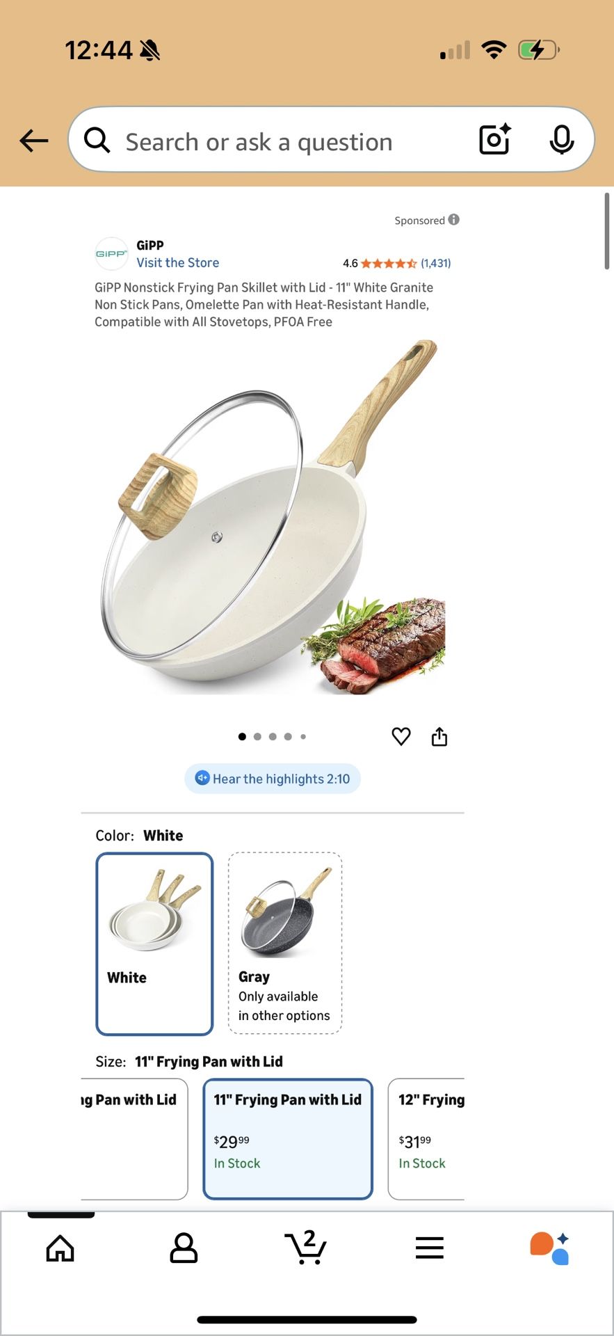 11" White Granite Nonstick Frying Pan Skillet with Lid - photo 2