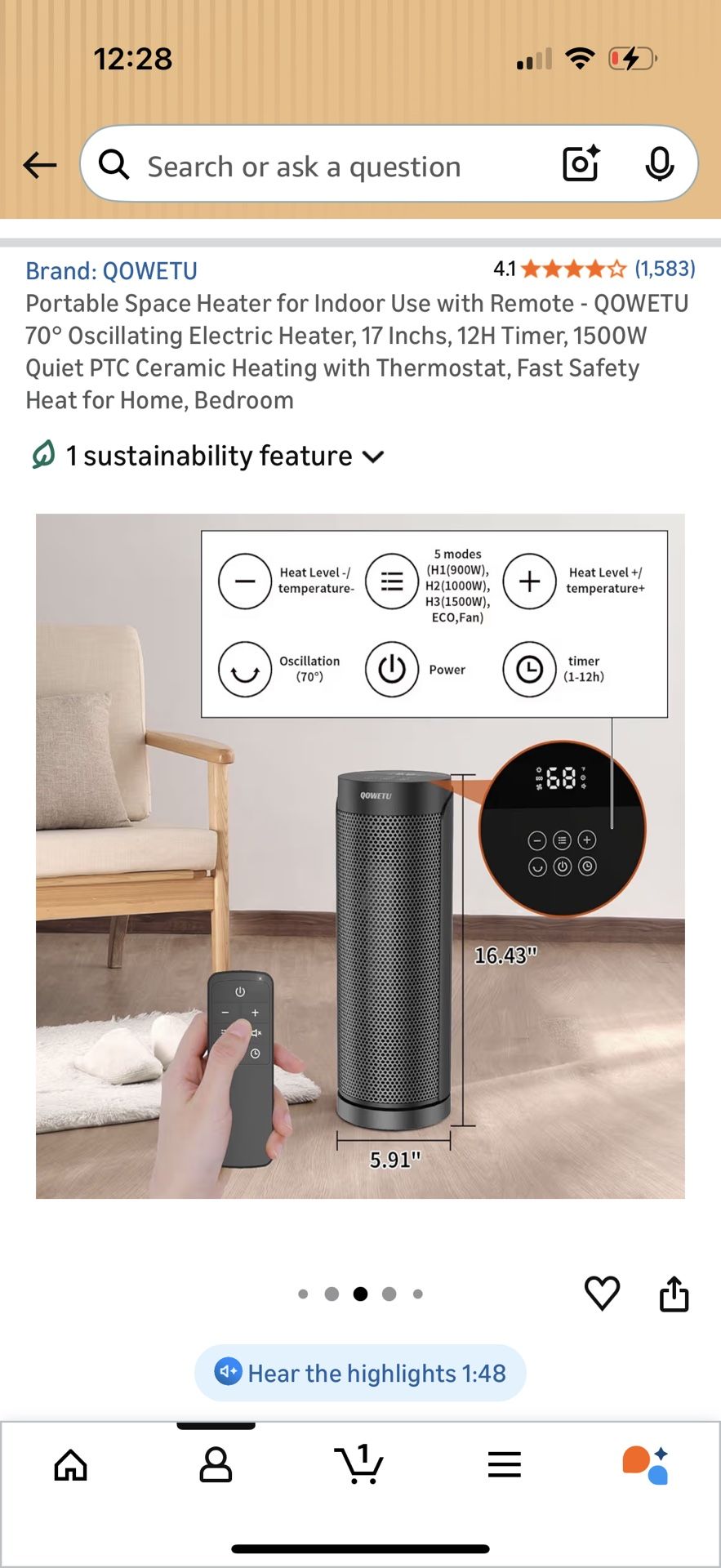 QOWETU Portable 17" Oscillating Space Heater with Remote - photo 5