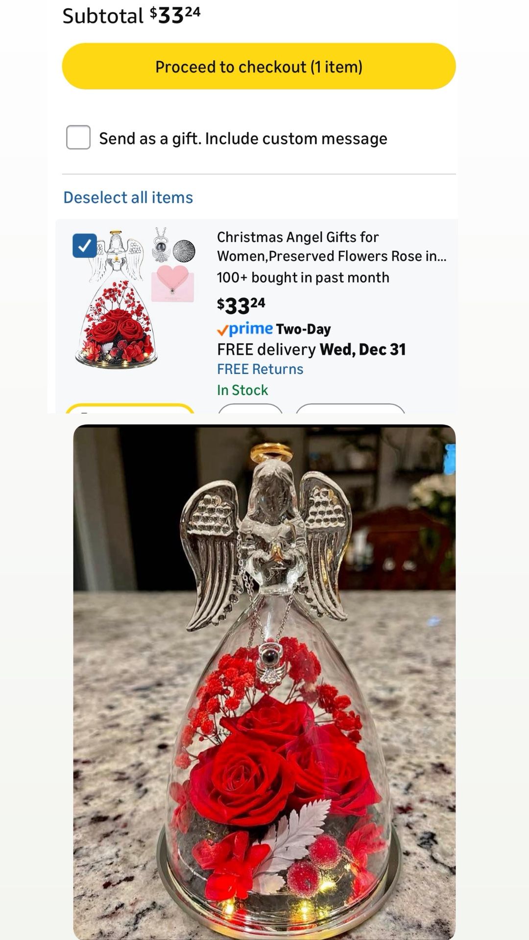 Preserved Rose in Glass Angel Figurine with Lights