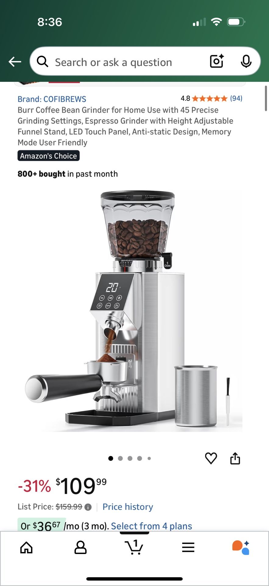 Coffee Bean Grinder with 45 Settings and LED Touch Panel - photo 3