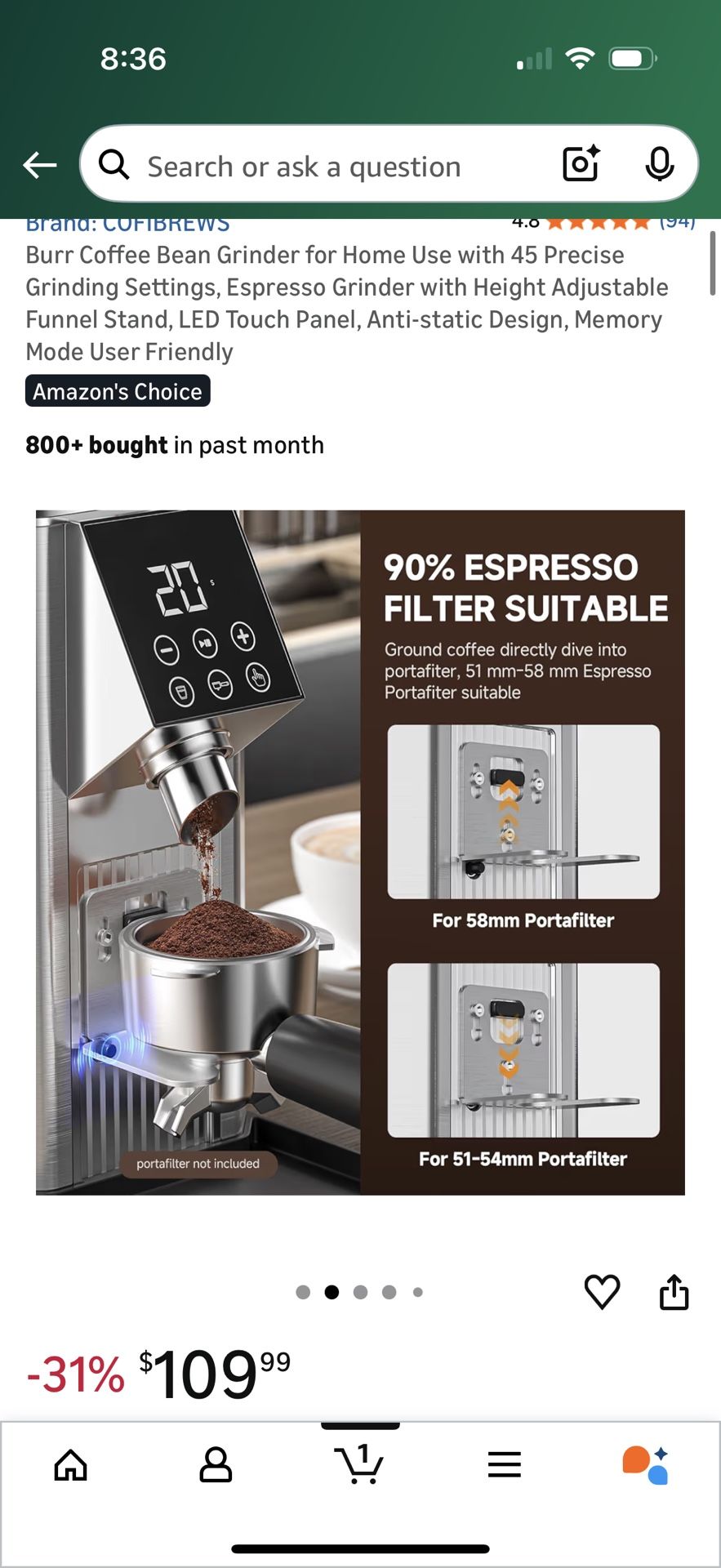 Coffee Bean Grinder with 45 Settings and LED Touch Panel - photo 4