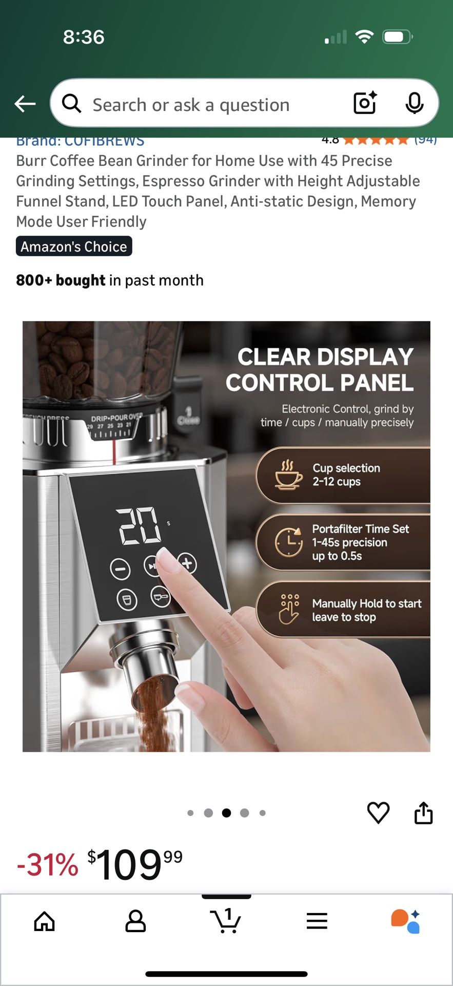 Coffee Bean Grinder with 45 Settings and LED Touch Panel - photo 5