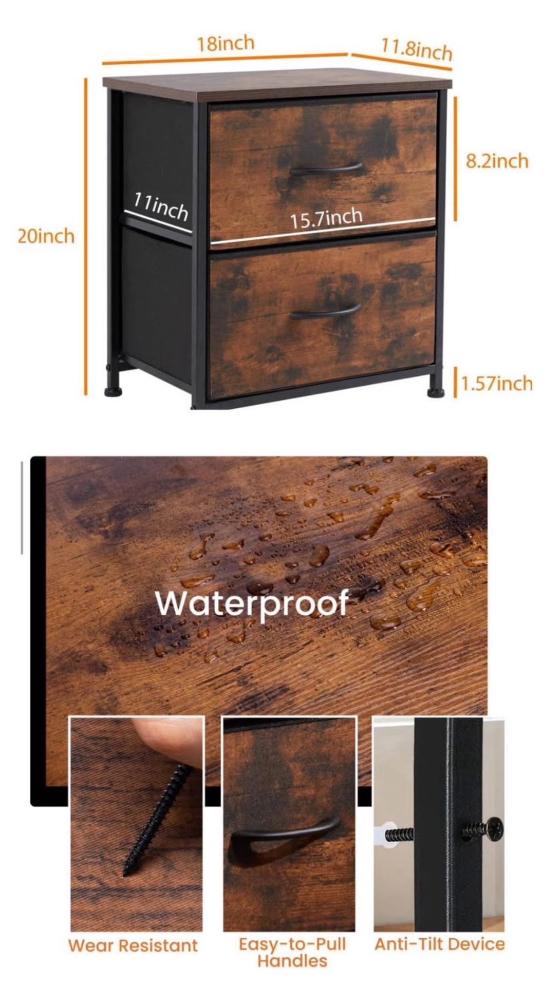 Nightstand Side Table with Fabric Drawer, 24-Inch Tall - photo 4