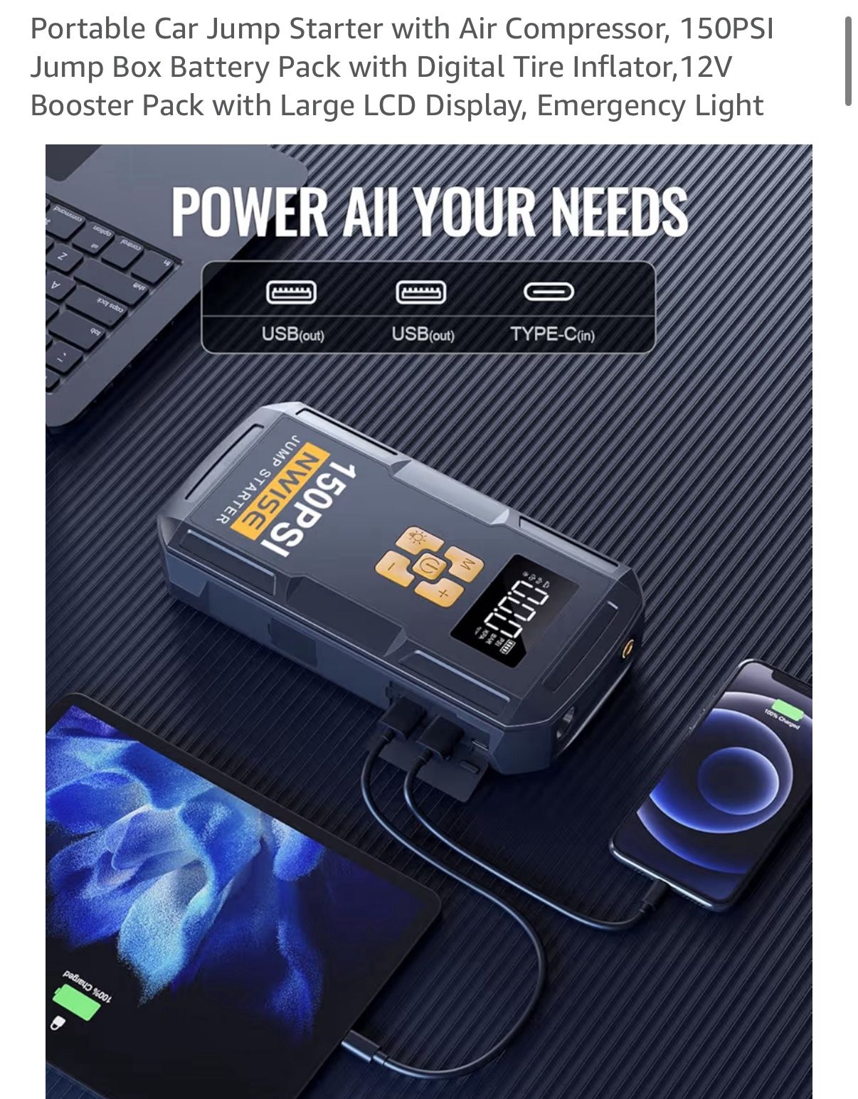 6000 AMP Portable Car Jump Starter with Air Compressor - photo 4