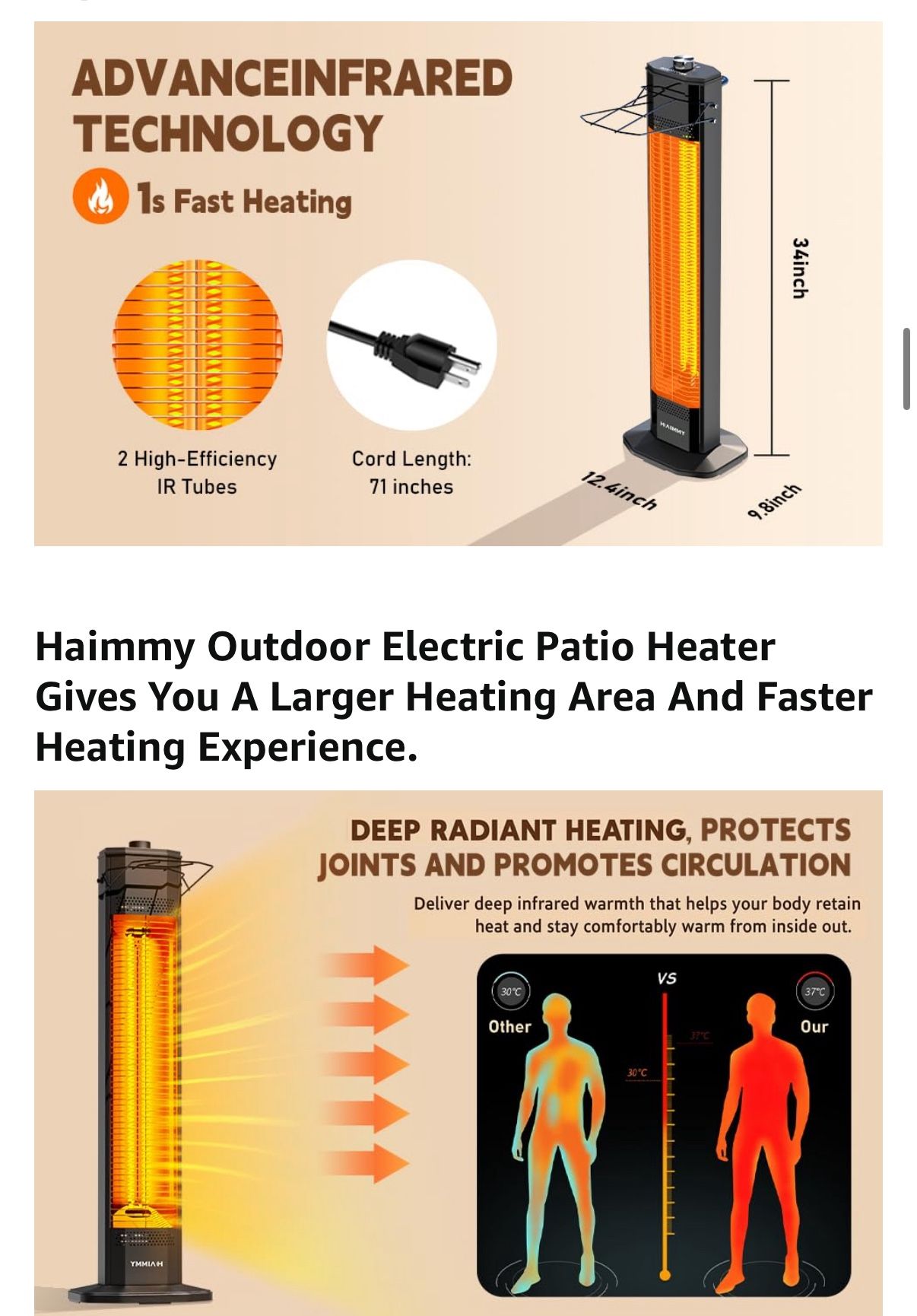 Haimmy 34-inch Outdoor Electric Patio Heater 1500W - photo 3