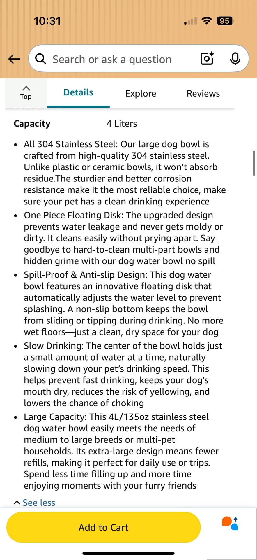 No Spill Stainless Steel Dog Water Bowl 135oz/4L - photo 4