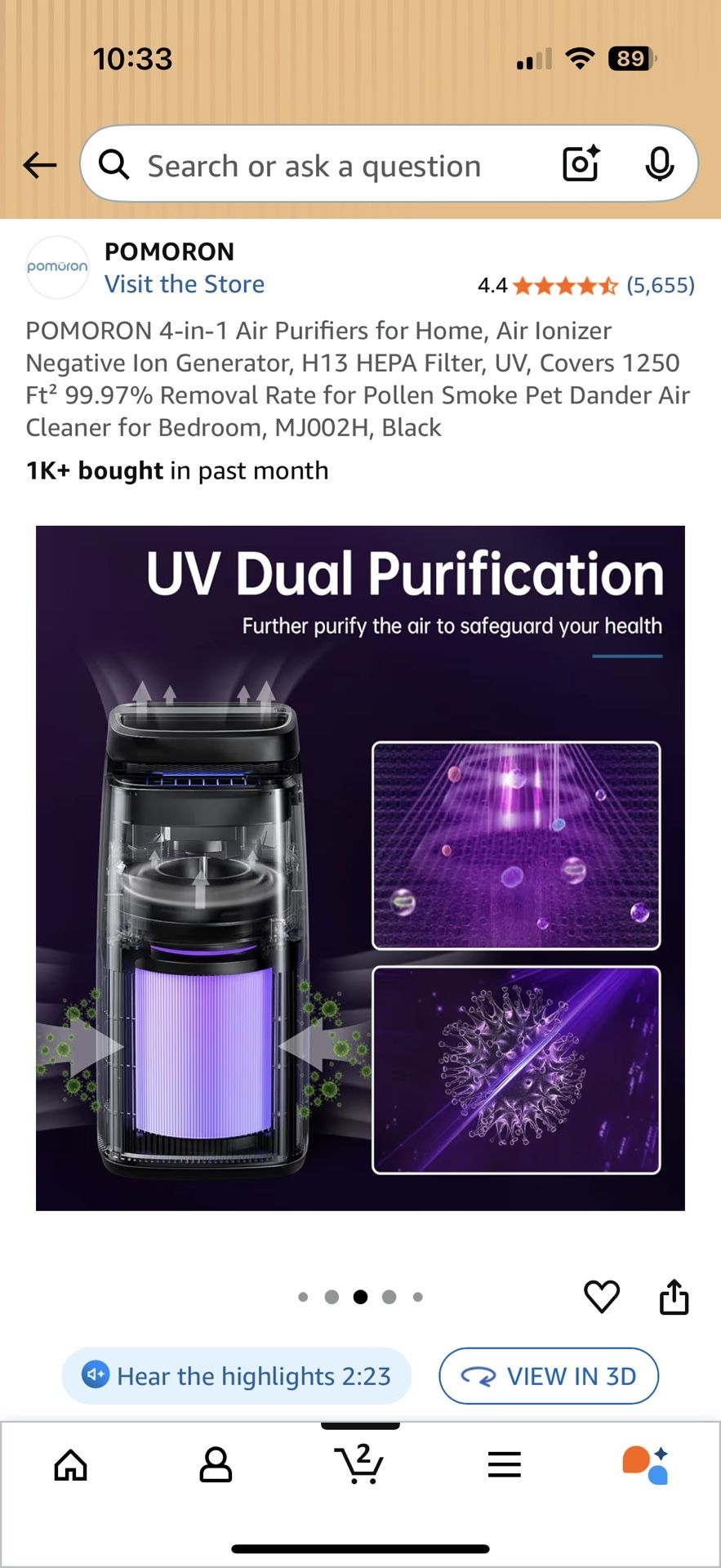 4-in-1 Air Purifier H13 HEPA Filter UV Ionizer 1250 Sq Ft - photo 3