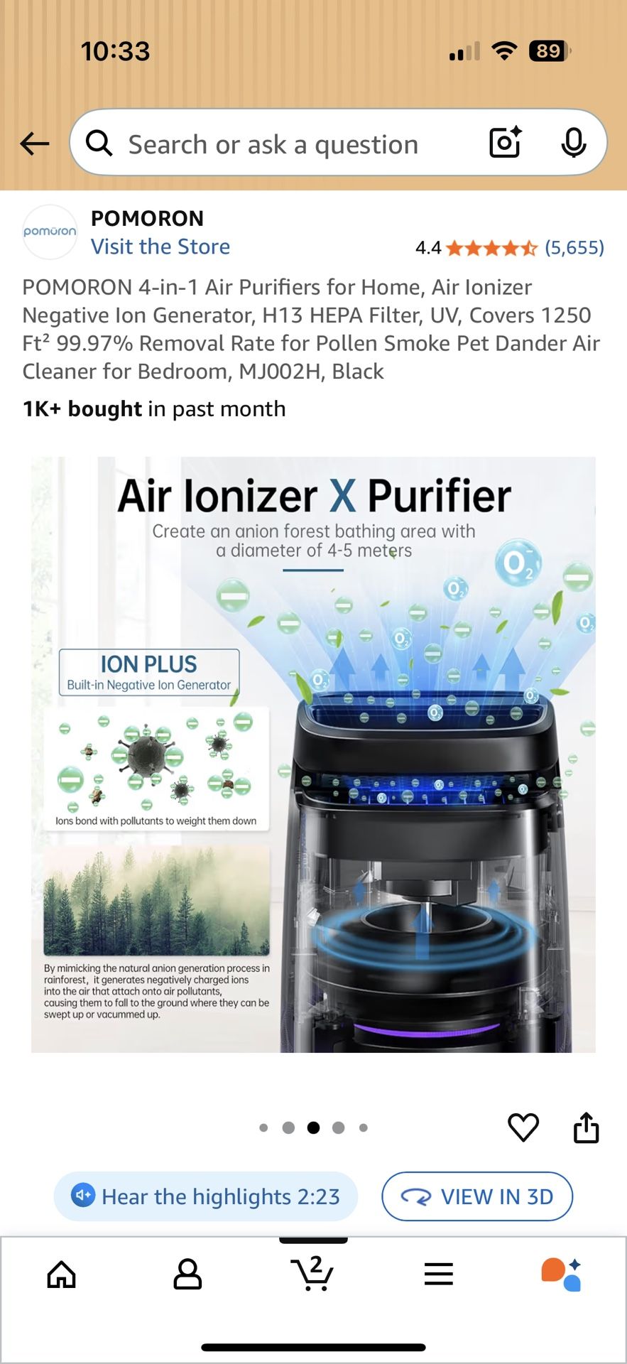 4-in-1 Air Purifier H13 HEPA Filter UV Ionizer 1250 Sq Ft - photo 4