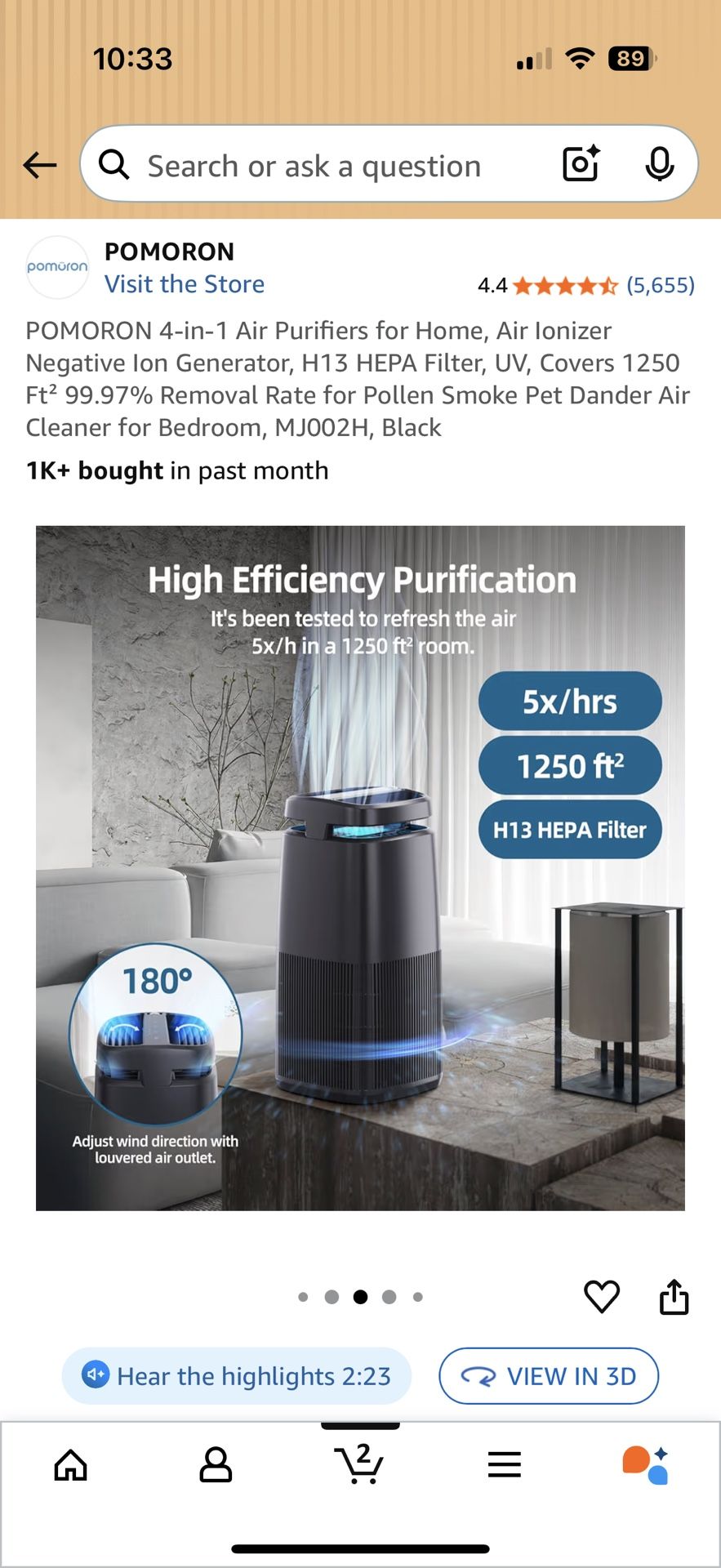 4-in-1 Air Purifier H13 HEPA Filter UV Ionizer 1250 Sq Ft - photo 5