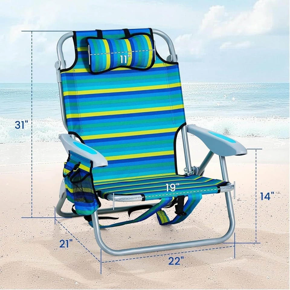 Portable Folding Beach Chair with Backpack Straps – Blue Stripe - photo 2