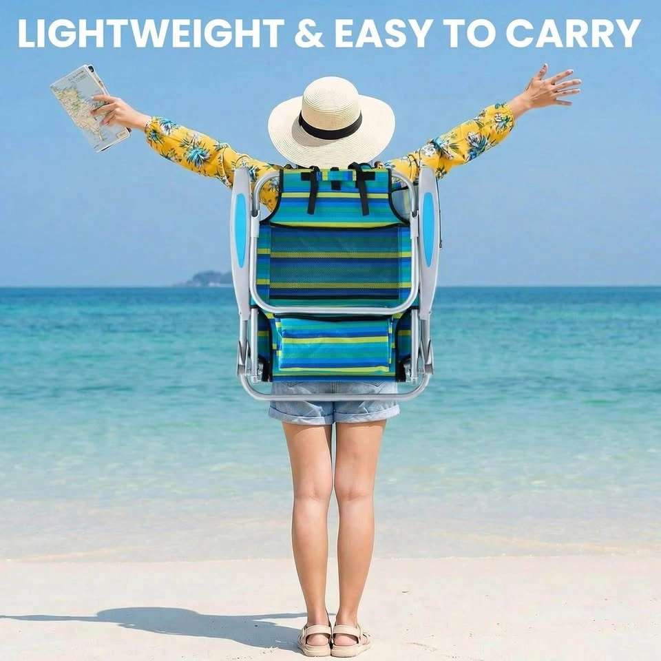 Portable Folding Beach Chair with Backpack Straps – Blue Stripe - photo 4