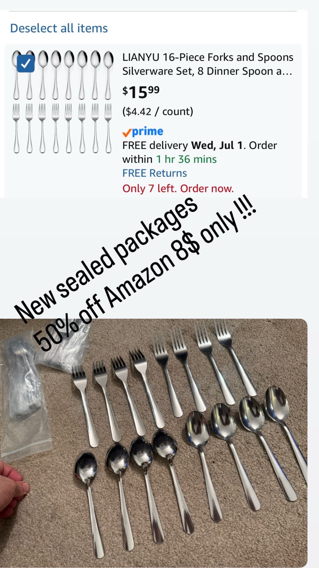 16-Piece Stainless Steel Silverware Set: 8 Spoons, 8 Forks