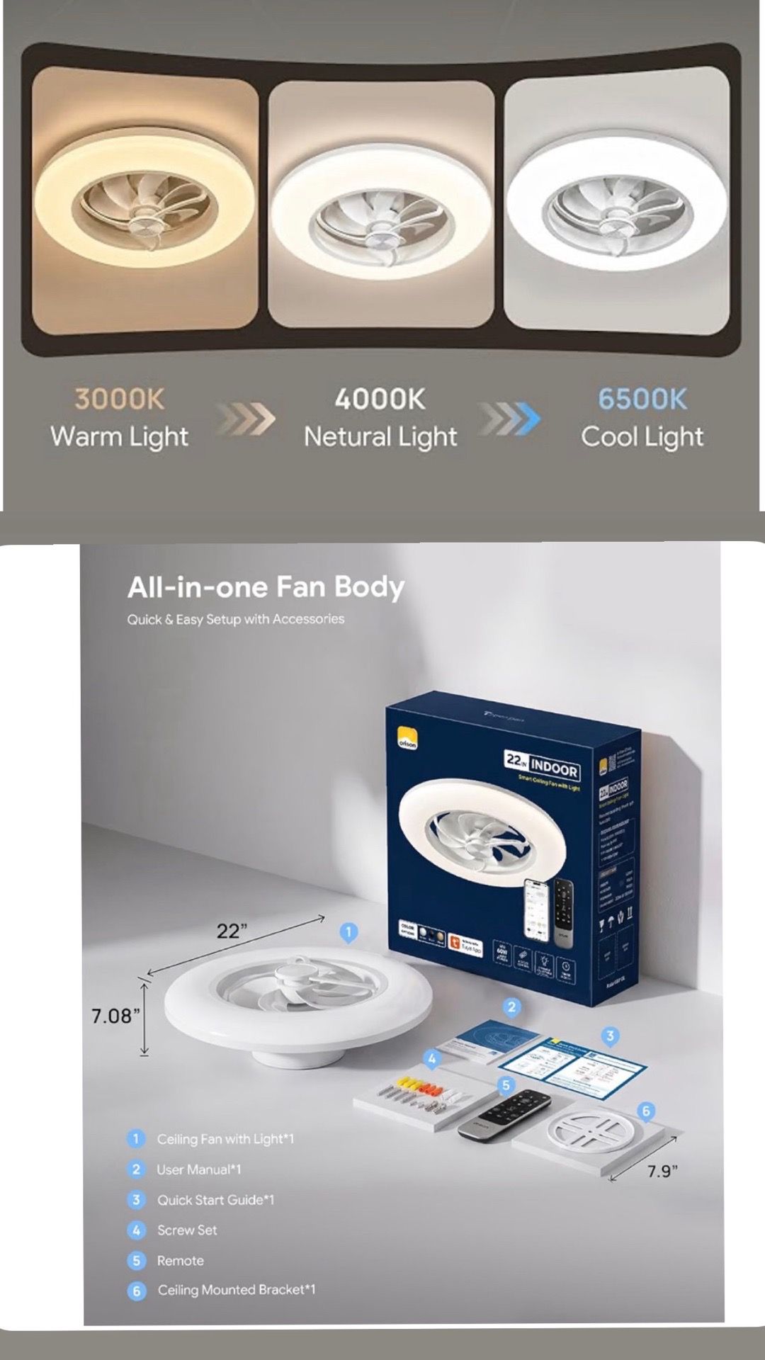 22.4" Low Profile LED Ceiling Fan with Light & Remote - photo 3