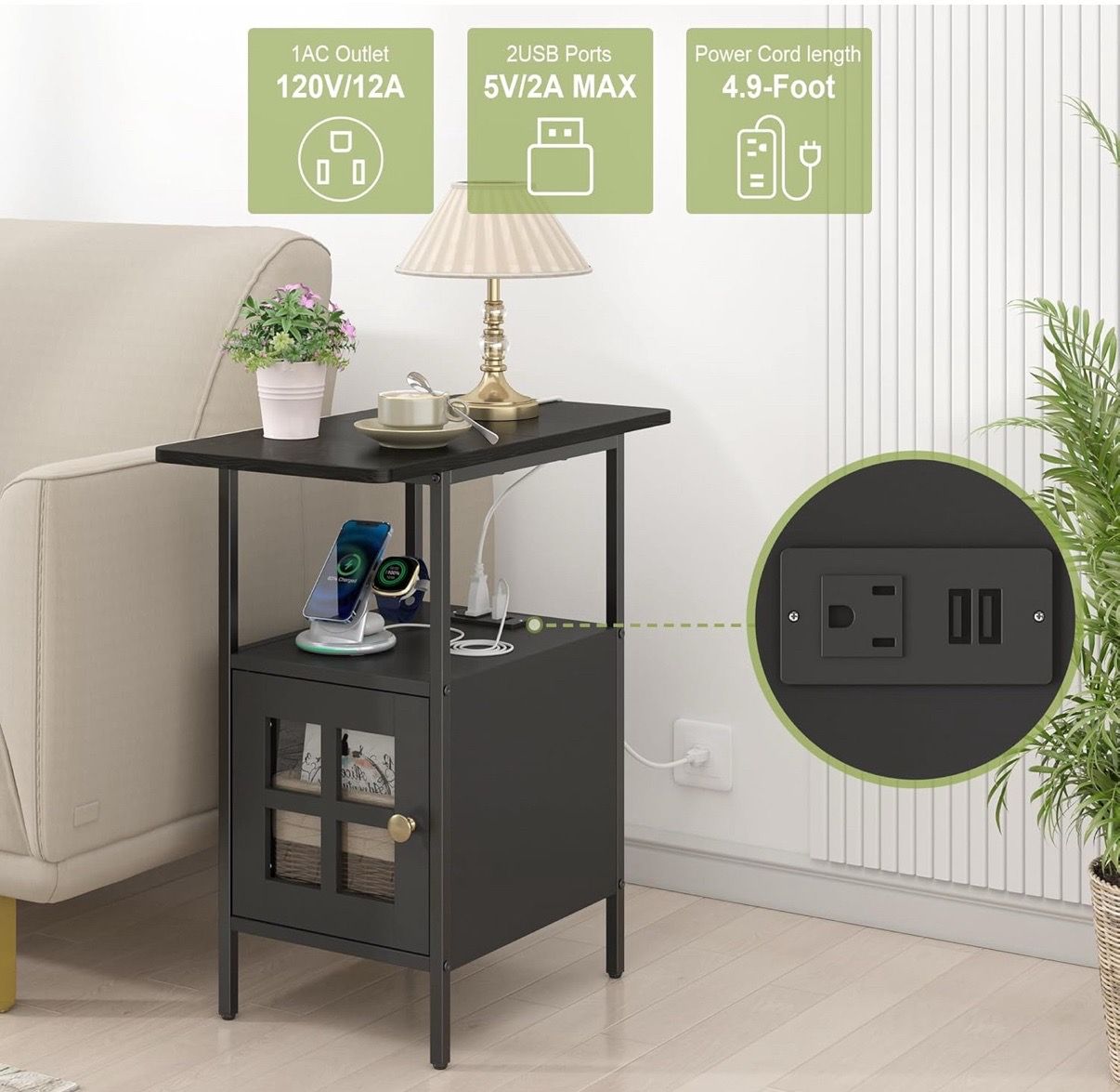 Narrow Side Table with Charging Station - 3-Tier End Table - photo 3