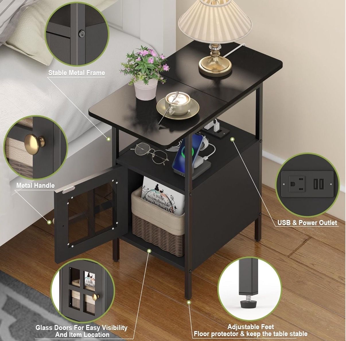 Narrow Side Table with Charging Station - 3-Tier End Table - photo 4