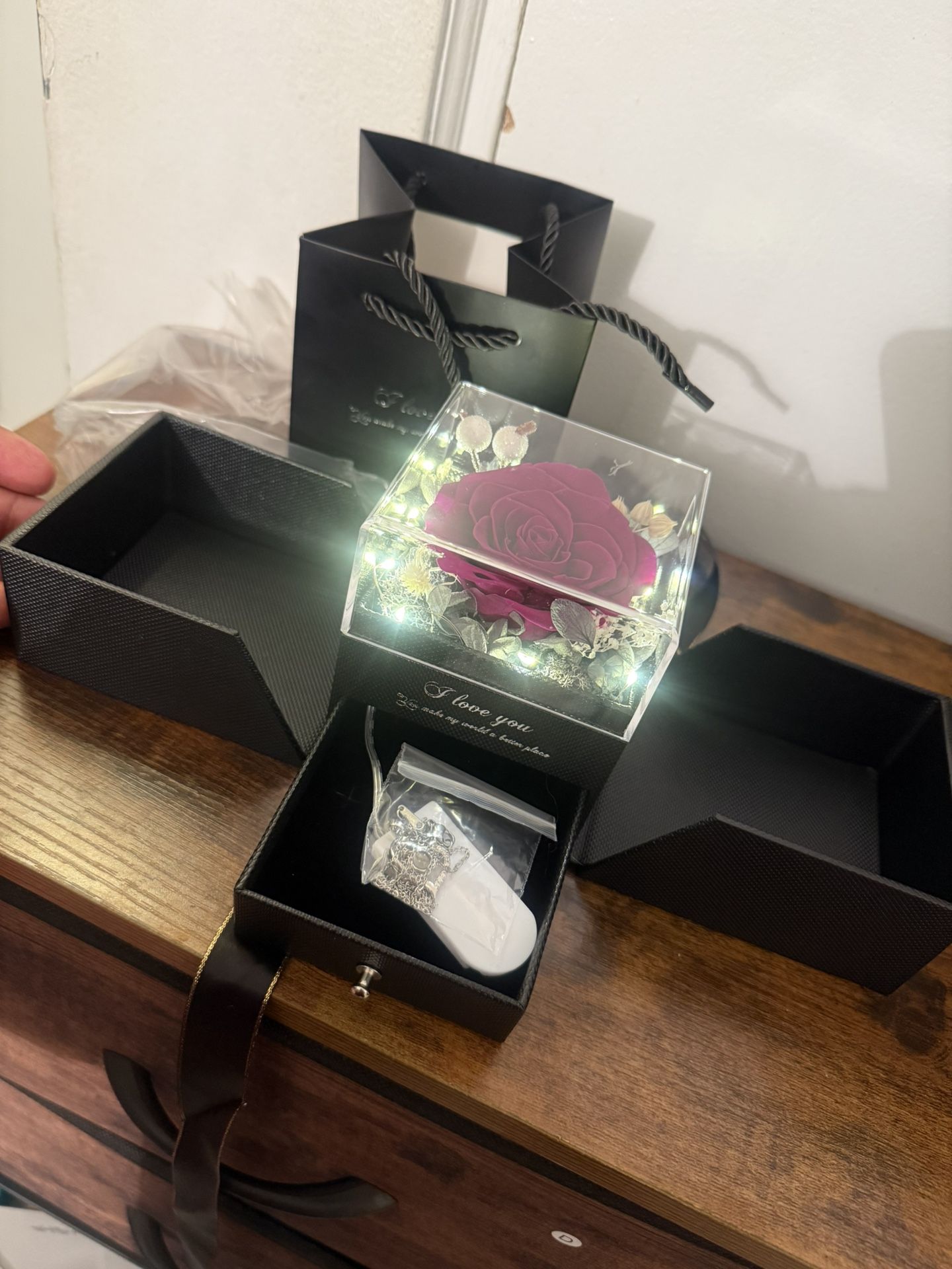 Preserved Real Rose with Heart Necklace Gift Set