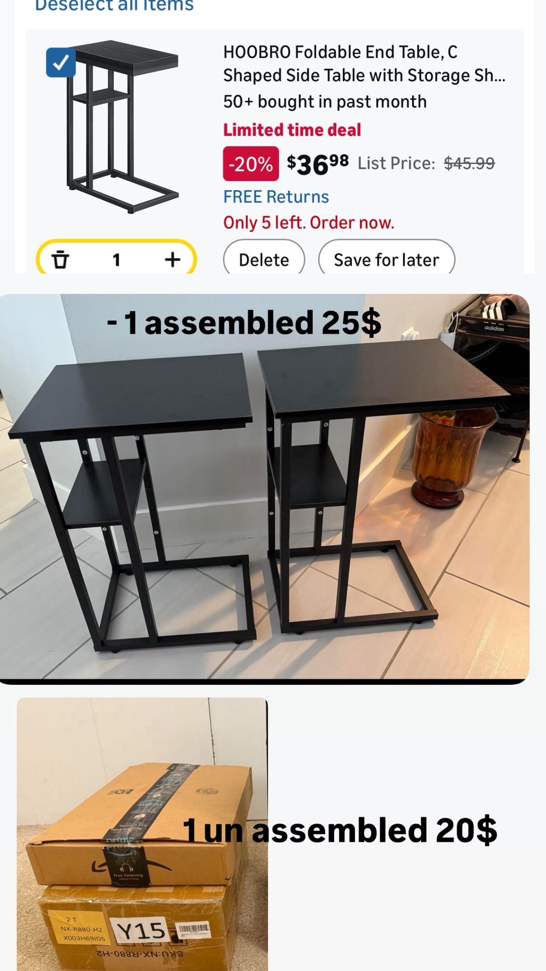 C Shaped Side Table with Storage Shelf - Black