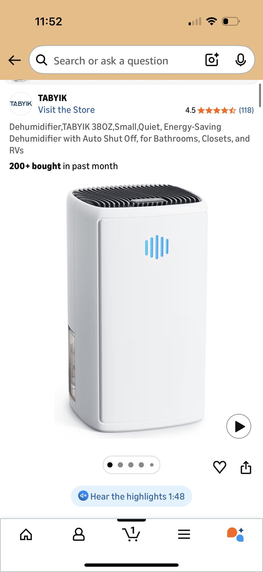300 SQ Ft Dehumidifier 38OZ, Small, Quiet, Auto Shut Off - photo 5