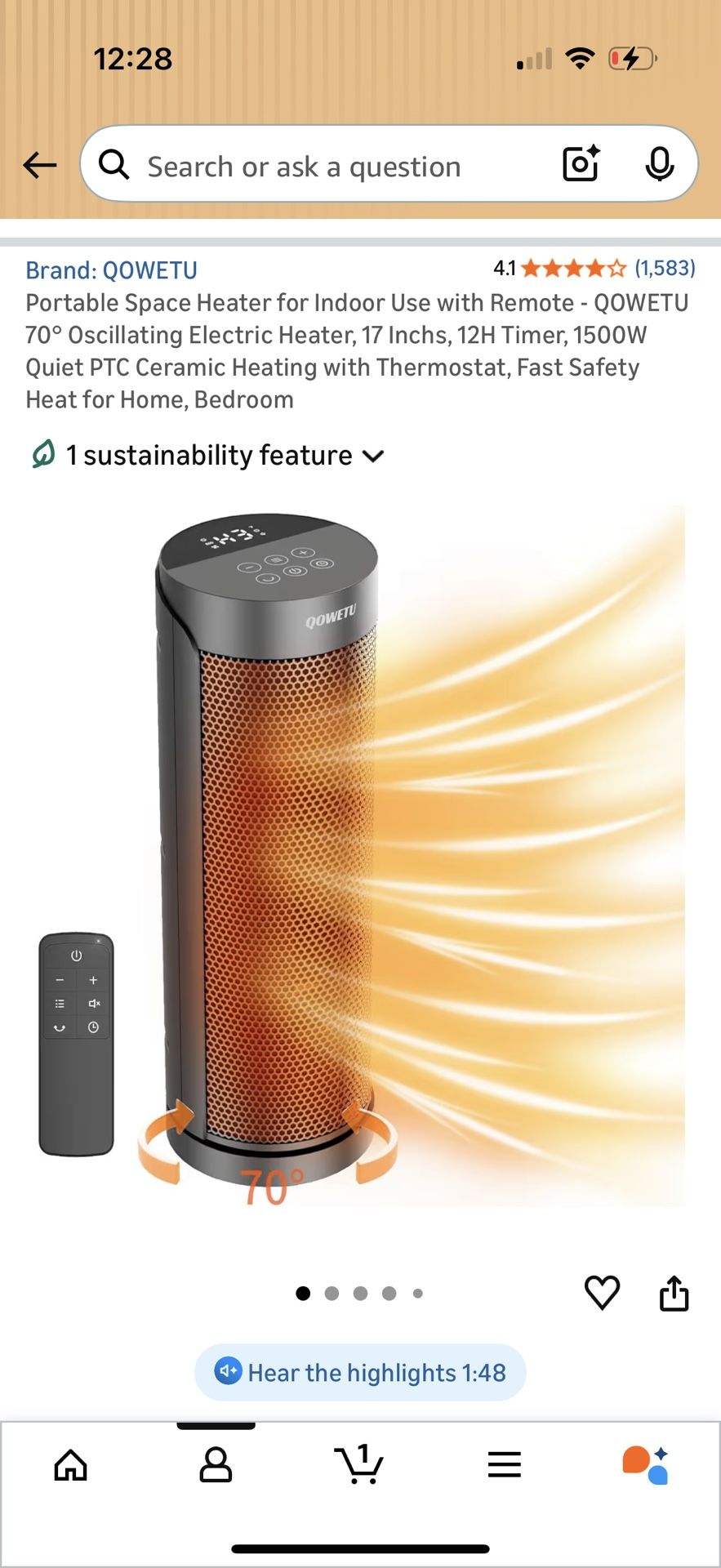 QOWETU 17" Portable 1500W Oscillating Space Heater with Remote - photo 4
