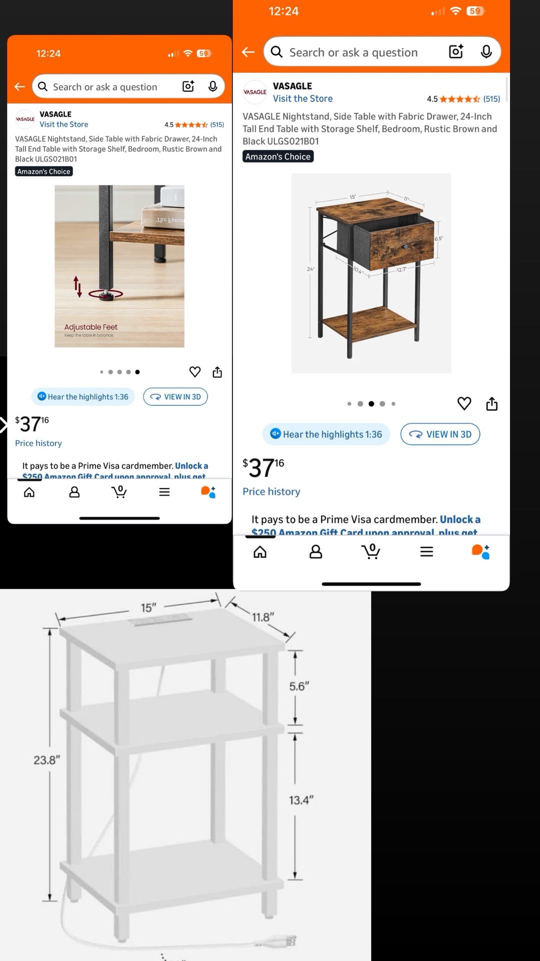 Nightstand Side Table with Fabric Drawer 24-Inch Tall - photo 2