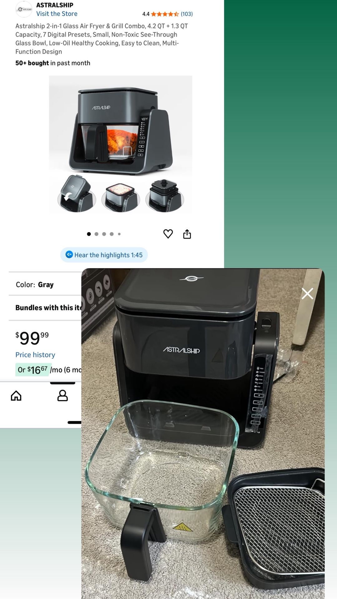 2-in-1 Glass Air Fryer & Grill Combo, 4.2 QT + 1.3 QT