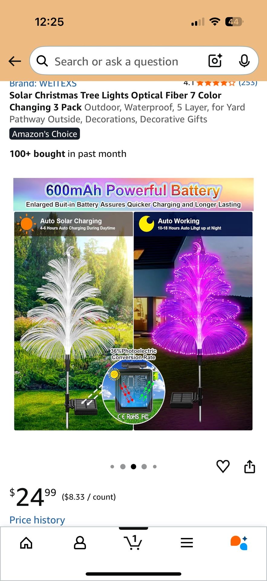 Solar Christmas Tree Lights Optical Fiber 7 Color Changing 3 Pac - photo 4