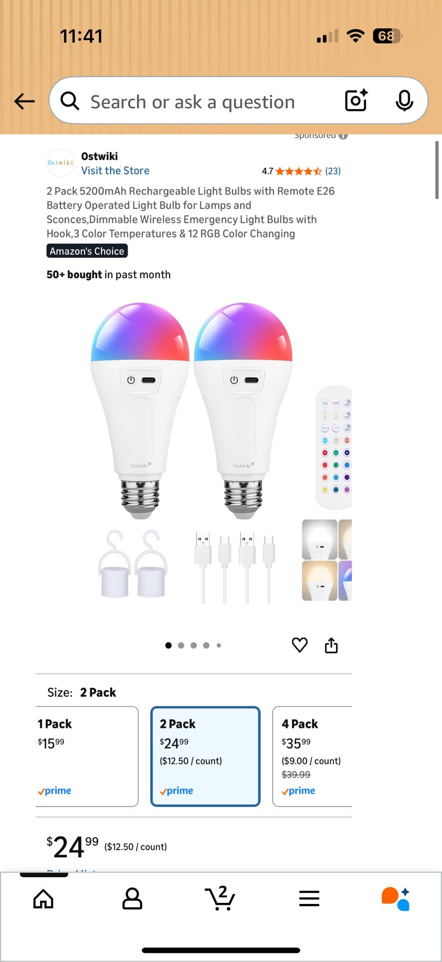 2 Pack 5200mAh Rechargeable Remote Control Light Bulbs - photo 3