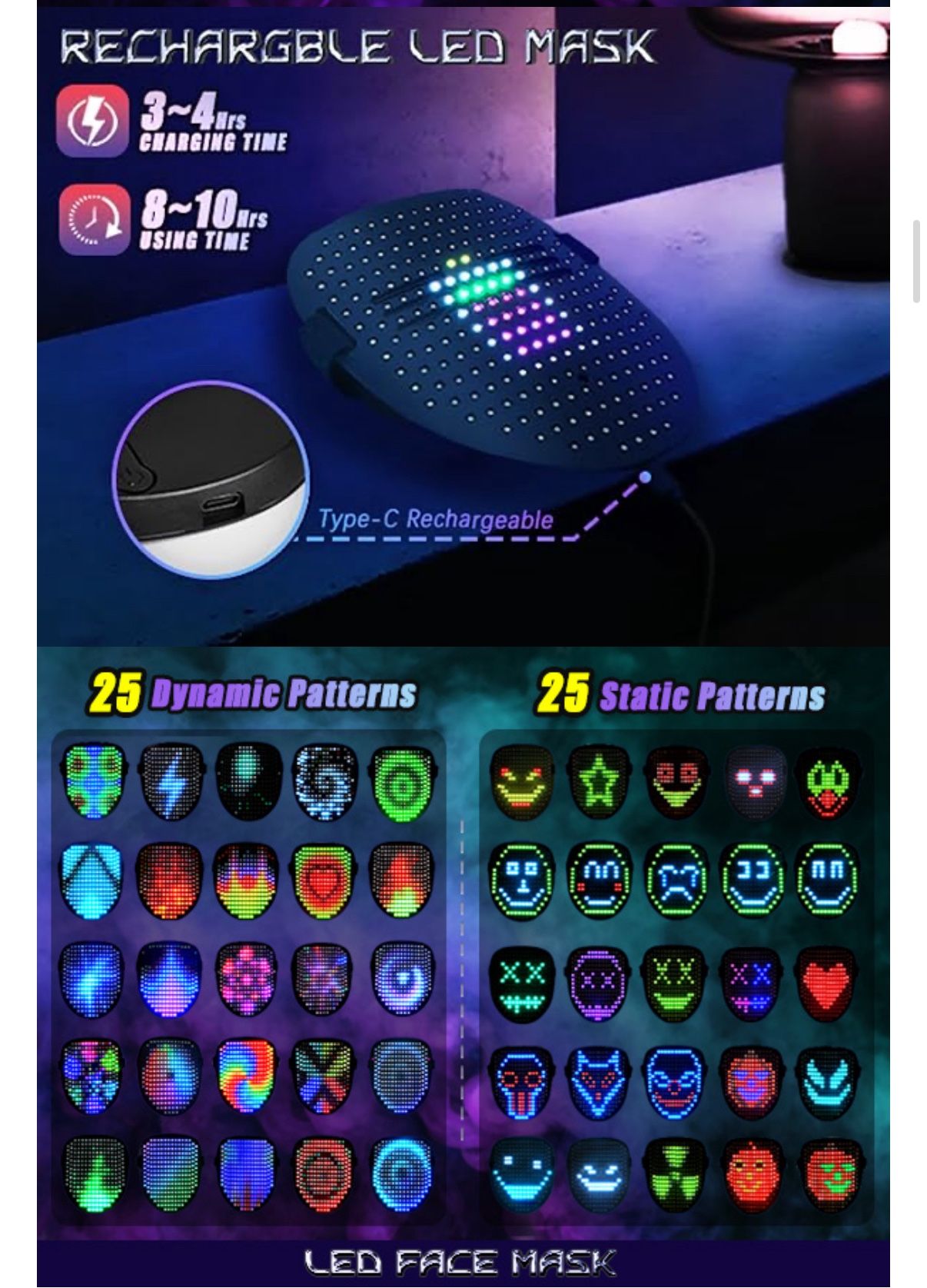 LED Mask with Gesture Sensing, 50 Pattern Display - photo 3