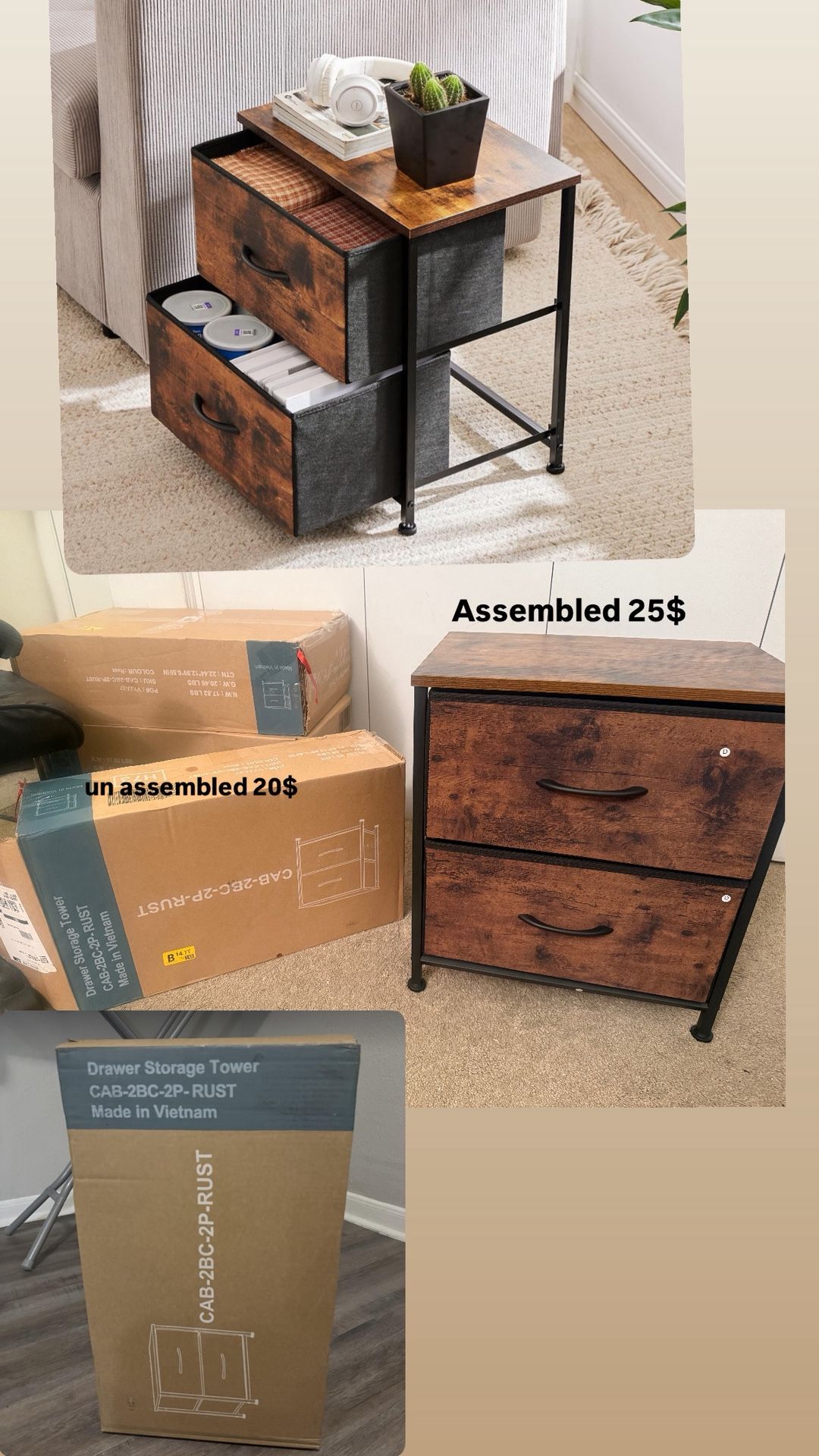 Nightstand with 2 Storage Drawers, 20" Height Small Bed Table
