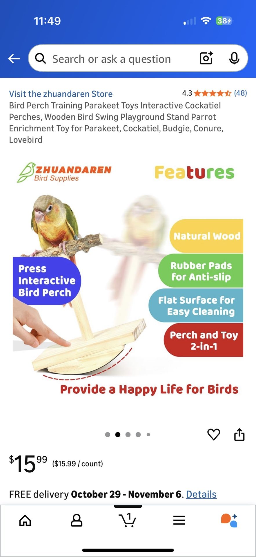 Bird Perch Rocking Toy Natural Wood Parrot Tumbler Toy - photo 3