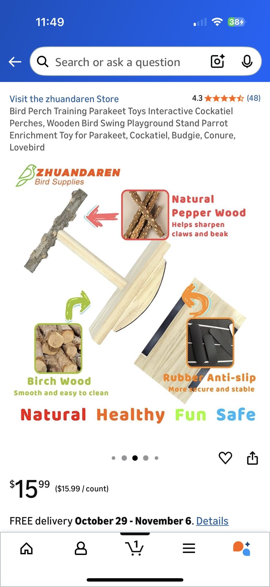 Bird Perch Rocking Toy Natural Wood Parrot Tumbler Toy - photo 4