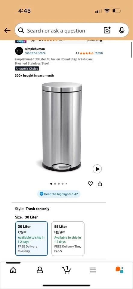 30 Liter / 8 Gallon Round Step Trash Can, Brushed Stainless - photo 5