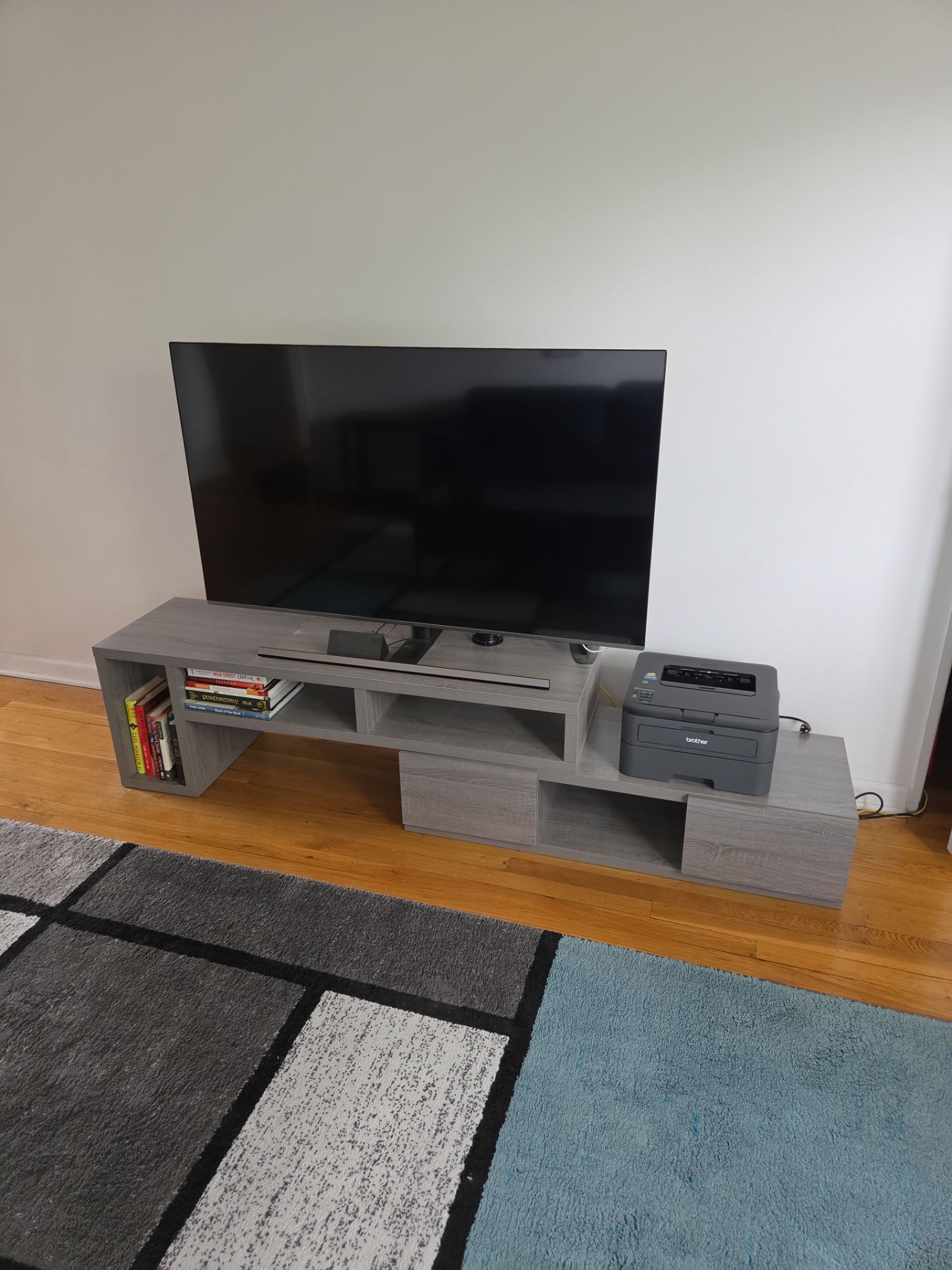 Two Piece TV Stand Adjustable length Gray Wood