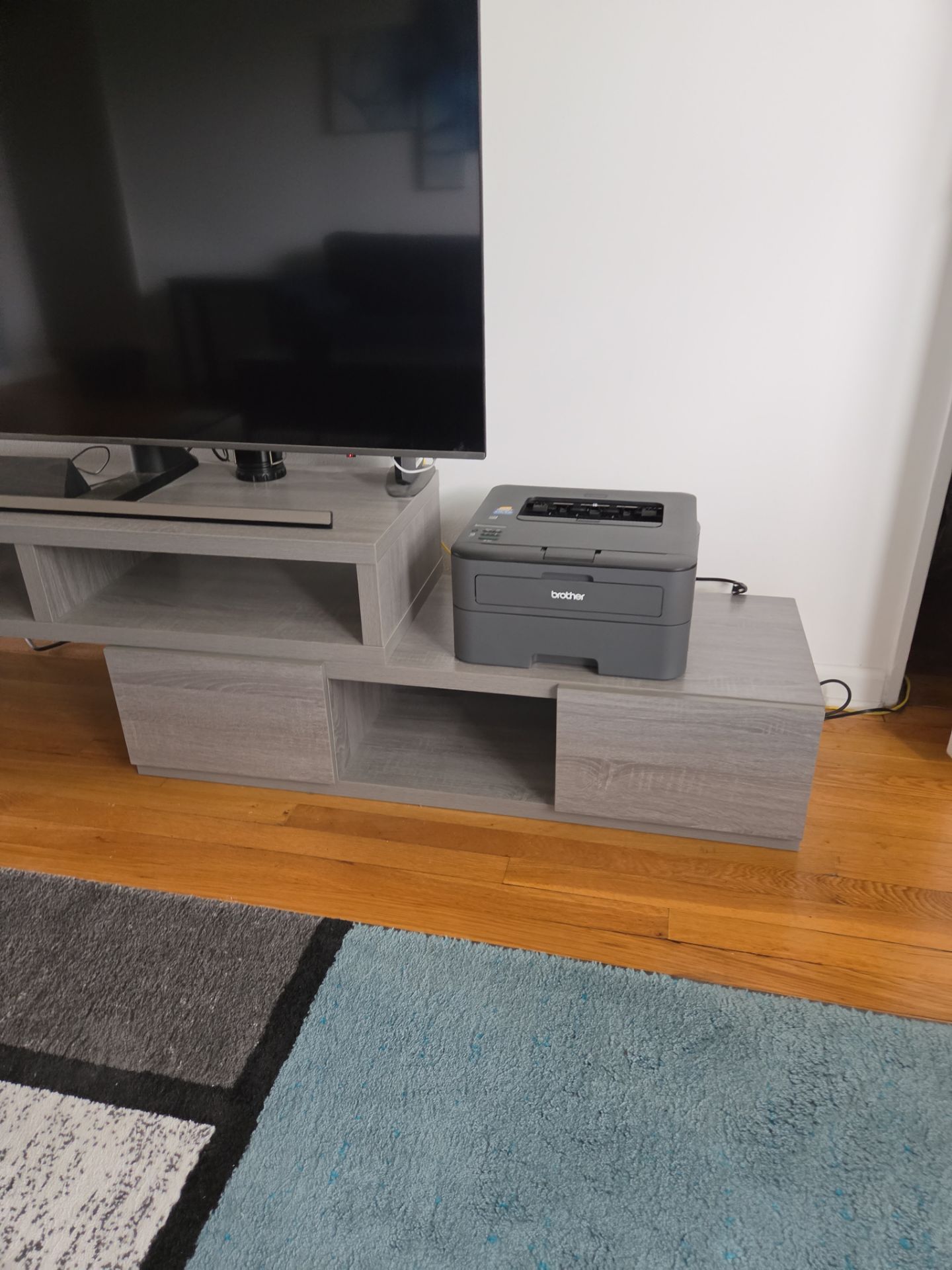 Two Piece TV Stand Adjustable length Gray Wood - photo 3
