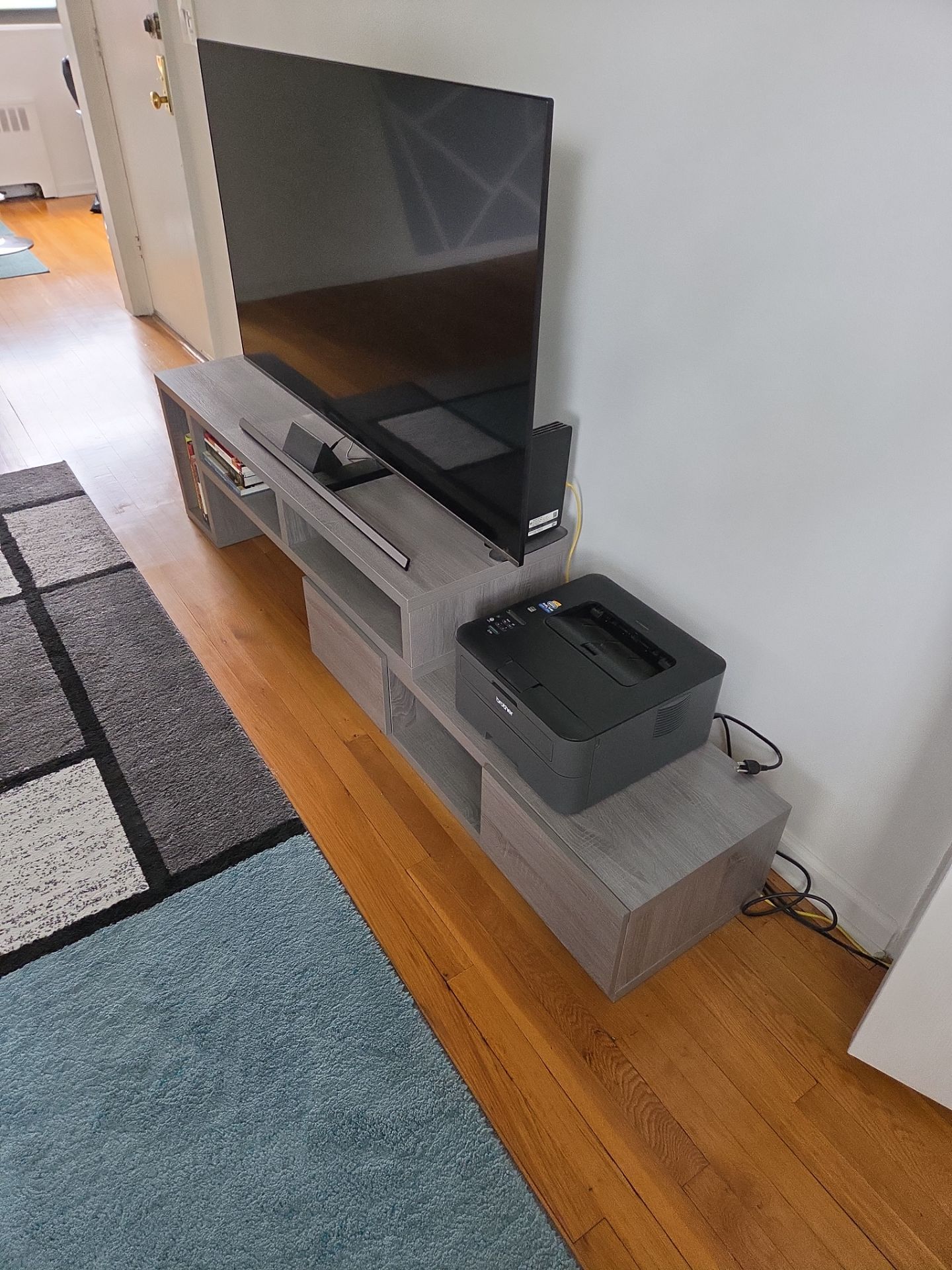 Two Piece TV Stand Adjustable length Gray Wood - photo 4