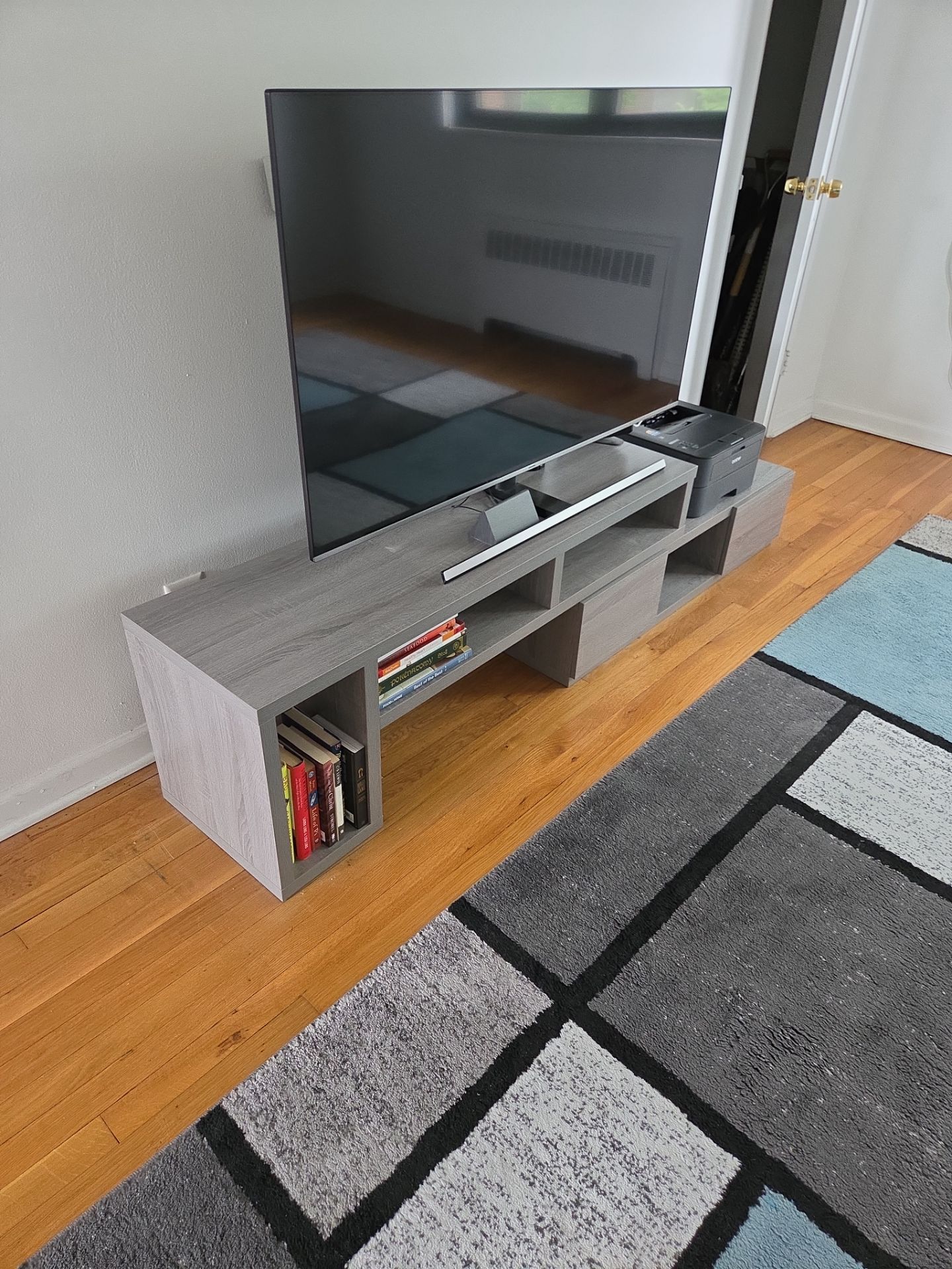 Two Piece TV Stand Adjustable length Gray Wood - photo 5