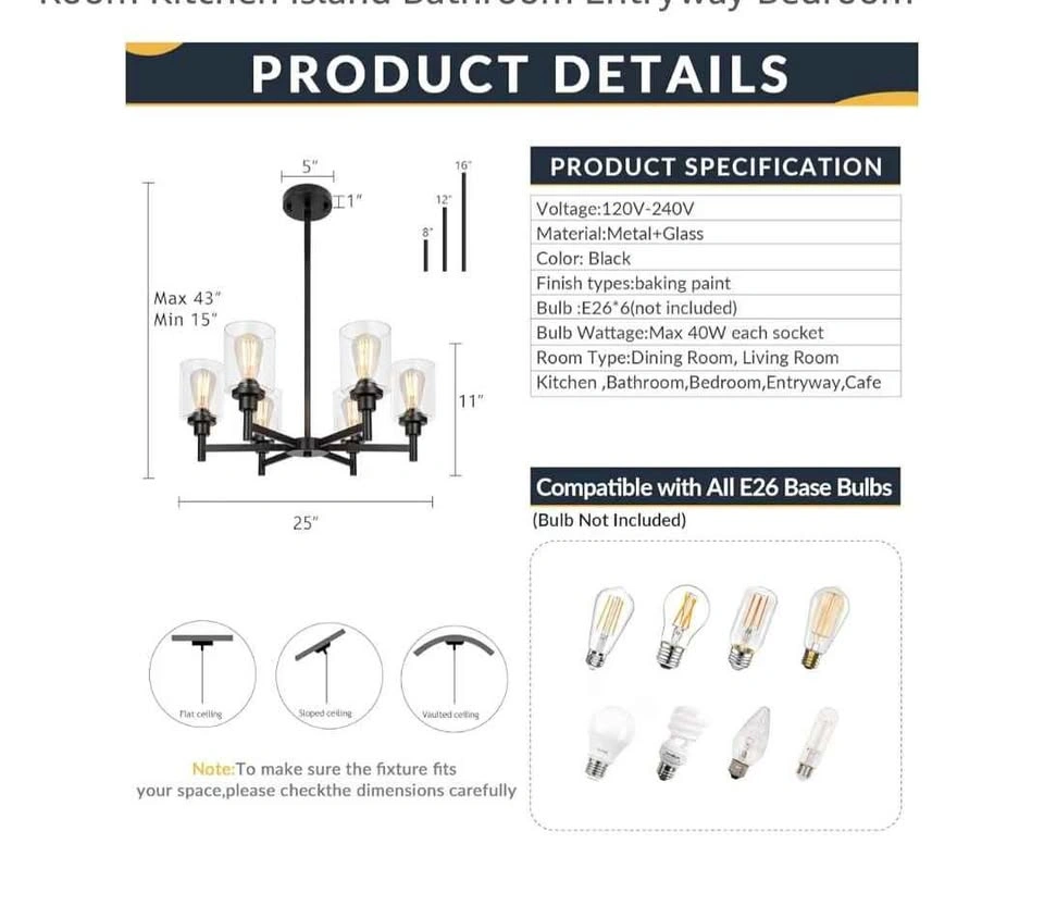 Brand NEW Black 6-Light Farmhouse Chandelier - photo 5