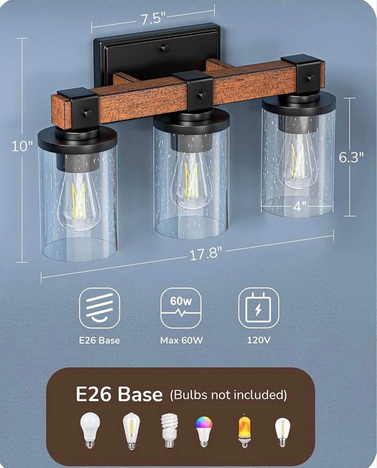 3-Light Bathroom Vanity Light - Farmhouse Wood Wall Sconce - photo 4