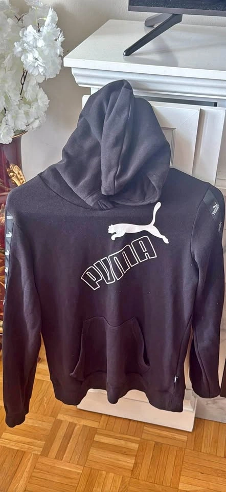 Puma black hoodie with white logo and sleeve stripes size medium