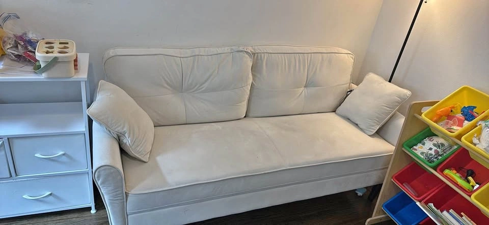 Cream Fabric Loveseat with Throw Pillows
